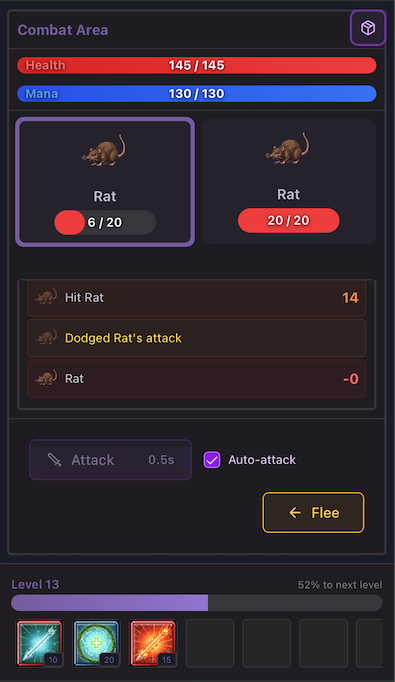 Favora mobile combat area screenshot showing turn-based combat with player fighting rats, health and mana bars, and combat log on mobile device
